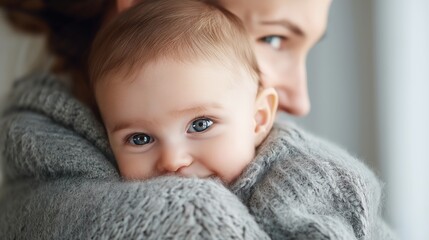 A cute baby held and protected by his mom, natural light, copy space. Child protection, motherly love, children welfare