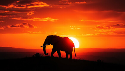 Naklejka premium majestic elephant silhouetted against vibrant orange and red sunset, walking gracefully on hill in serene savanna landscape. scene evokes tranquility and awe.