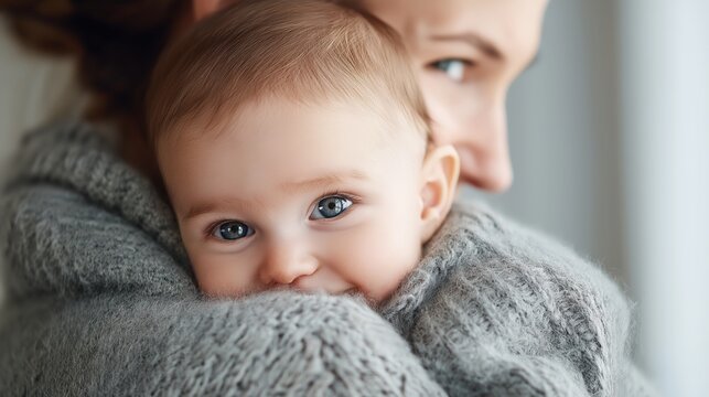 A cute baby held and protected by his mom, natural light, copy space. Child protection, motherly love, children welfare