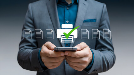 A suited man uses a smartphone for mobile printing, showcasing technology and efficiency for document management in business and office environments, illustrating connectivity and modern solutions.