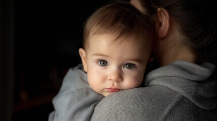 A cute baby held and protected by his mom, natural light, copy space. Child protection, motherly love, children welfare