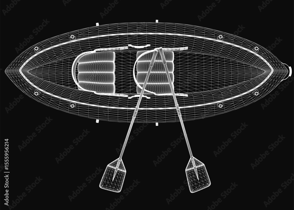 Poster a 3d model of a boat with two wooden paddles placed in the center, ready for rowing. the realistic r