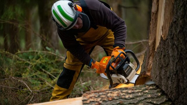 A skilled worker employs a chainsaw to fell a large tree in a dense forest. The worker is dressed for safety and focused on the task at hand while surrounded by nature