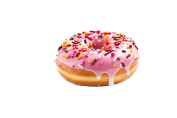 A delicious pink donut with colorful sprinkles, glazed and tempting. background removed