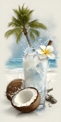 Refreshing Coconut Drink with Tropical Beach Scene and Palm Tree