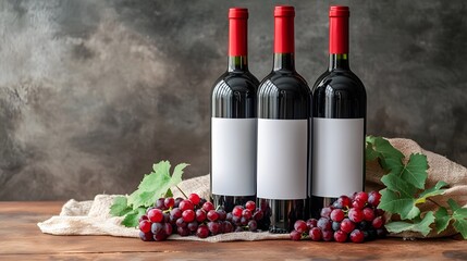 Three Red Wine Bottles with Grapes Mockup