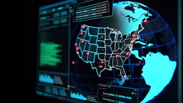 Advanced digital display shows real-time satellite tracking across the United States. Various data points provide insights into satellite activity and geographic coverage