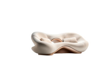 Modern, organic-shaped sofa with beige upholstery and wooden base, offering luxurious comfort. background removed