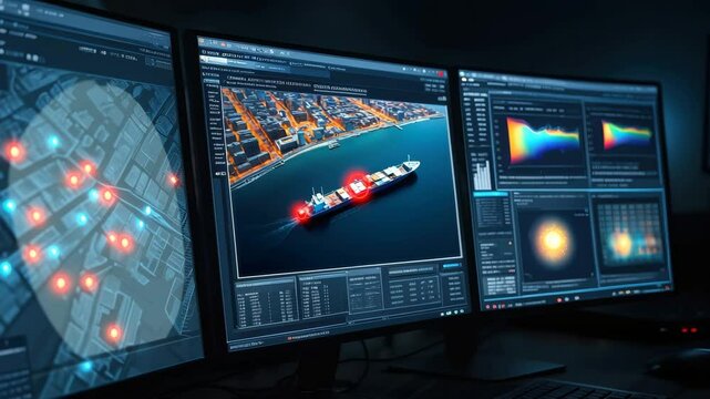 High-tech control room features multiple monitors showing ship movements, data analytics, and maritime maps. Advanced tracking technology enhances navigation and safety for vessels