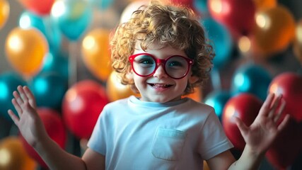 A happy child with curly hair and red glasses smiles at a vibrant birthday party, surrounded by colorful balloons in a festive setting - Powered by Adobe