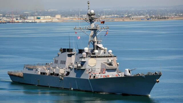 A sleek navy destroyer sails smoothly through calm waters in a busy harbor. The vessel showcases state-of-the-art military technology as it conducts routine operations under clear skies