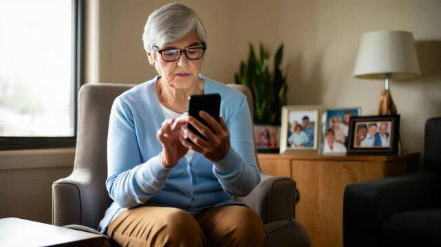 An older woman in a cozy living room checks her smartphone while sitting on a comfortable chair, staying in touch with loved ones through digital communication - Powered by Adobe