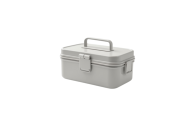 A light grey metal toolbox with a handle and latches, ideal for storing small items. background removed