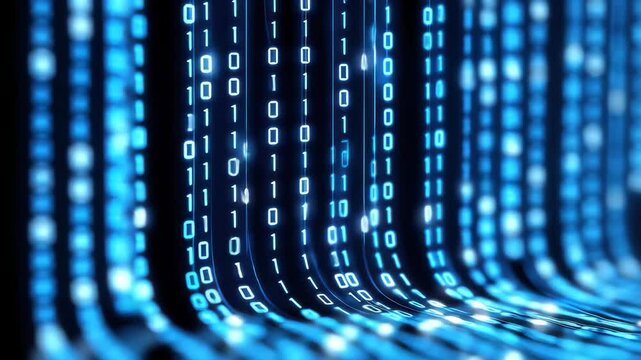Binary digits flow seamlessly in this digital landscape, showcasing the essence of modern technology and data processing. The vibrant blue hues symbolize the digital age