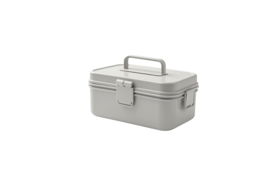 A light grey metal toolbox with a handle and latches, ideal for storing small items. background removed