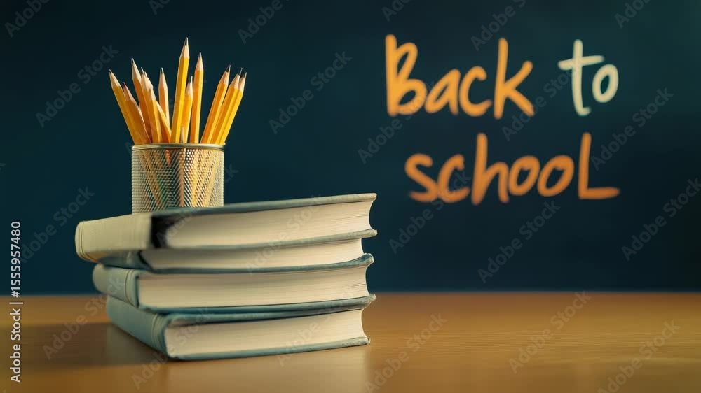 Poster Pencils resting in a metal container on top of a stack of books on a desk with back to school written on a chalkboard in the background creates a nostalgic image of learning
