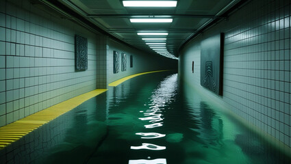 Submerged Urban Tunnel with Yellow Path and Abstract Art
