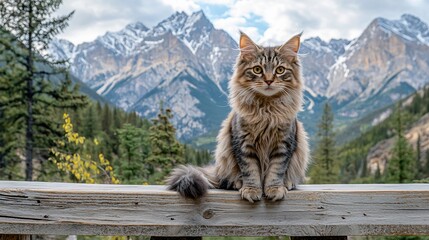 Obraz premium Cat perched on wooden railing against mountains