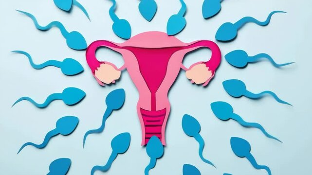 This creative depiction illustrates the process of human reproduction, showcasing a uterus surrounded by colorful sperm. The animation emphasizes biological concepts and the journey of fertilization