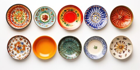 Colorful Culinary Collection: A vibrant assortment of beautifully decorated ceramic plates in a studio-shot, showcasing diverse patterns and a spectrum of colors, perfect for dining.