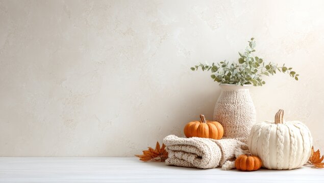 Autumnal scene with pumpkins, a knit blanket, eucalyptus in a textured vase, and fall leaves against a beige backdrop