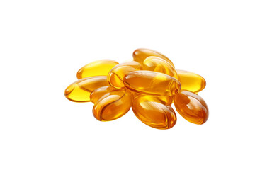 A pile of golden-amber fish oil capsules, isolated on a transparent background. background removed