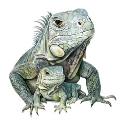 A Mother Iguana With Her Kid, watercolor clipart vector, isolated on a white background.
