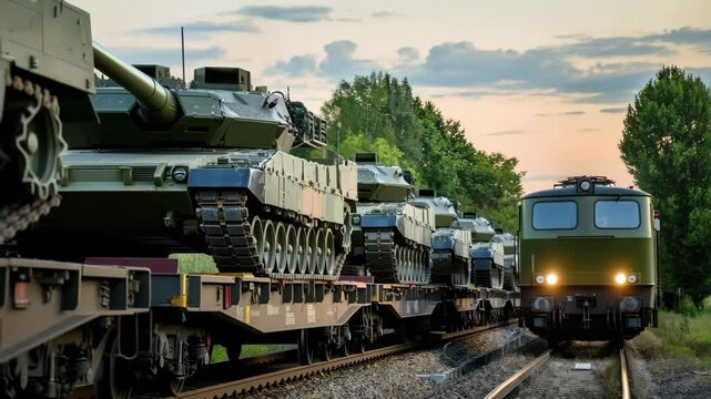 Military tanks are seen loaded on a flatbed train as it moves along a railway line at dusk. The sky is painted with soft colors indicating the end of the day