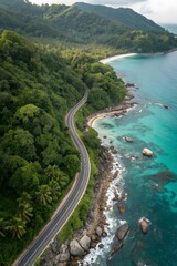 "Aerial View of Winding Coastal Road in Tropical Paradise with Palm Trees and Turquoise Water"