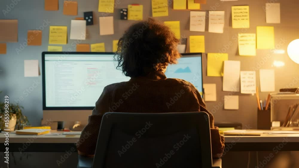 Fototapete Software developer working late in a dimly lit office, focused on coding and analyzing data, surrounded by sticky notes, reflecting a demanding project