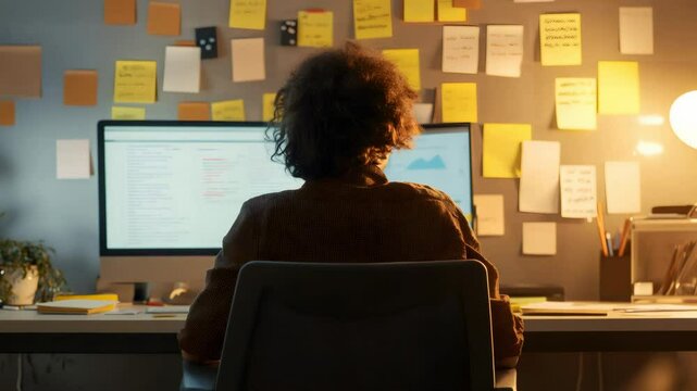 Software developer working late in a dimly lit office, focused on coding and analyzing data, surrounded by sticky notes, reflecting a demanding project