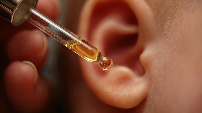 Close-up of baby oil being dropped into ear to loosen earwax