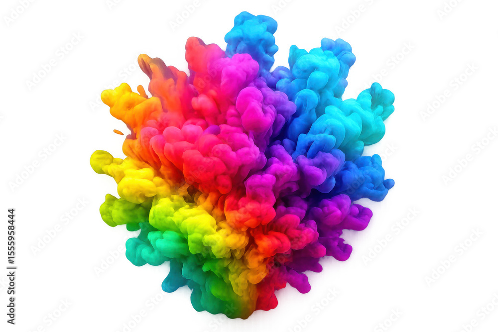 Poster colorful ink swirling, blending into ethereal rainbow clouds spreading dynamically across transparen