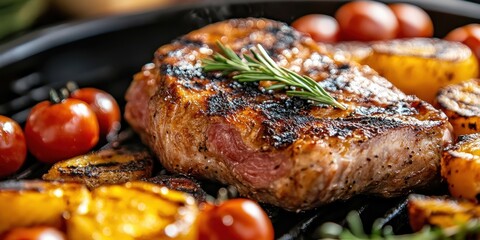 Grilled Steak and Vegetables: A juicy steak with grill marks rests on grill beside fresh vegetables, presenting a healthy, vibrant, and delectable summer barbecue meal.