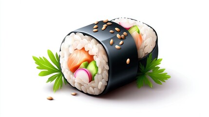 Fresh sushi roll with colorful fillings, garnished with sesame seeds and fresh herbs, perfect for culinary articles, restaurant menus, food blogs, or promotion of Asian cuisine,