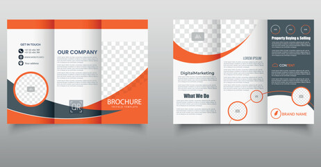 Modern corporate trifold brochure template in orange, white, and gray tones. Includes placeholders for images, text sections, contact info, and infographic elements. Ideal for business presentations.