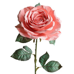 Fototapeta premium A single, delicate pink rose with lush green leaves, elegantly presented against a muted background. background removed