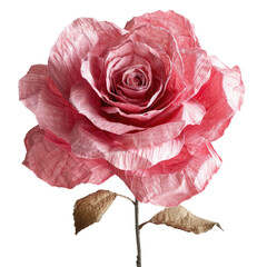A large, meticulously crafted paper rose, pink and detailed, with dried leaves. background removed