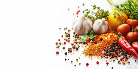 Spice Harmony on Display: A colorful assortment of spices and fresh ingredients arranged with culinary artistry, highlighting vibrant flavors and fragrant aromas, all on clean design.