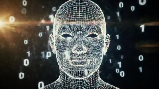 Stylized animation of human face morphing into digital wireframe data mesh, fast transitions, high-tech motion graphic, glowing binary codes, concept of artificial intelligence and evolution.