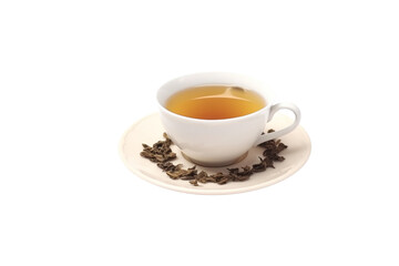 Obraz premium A cup of tea with tea leaves on a saucer, isolated on a transparent background. background removed