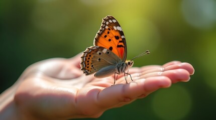 Obraz premium A close-up photograph of a human hand holding a delicate butterfly, with the wings in sharp focus