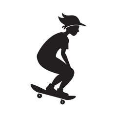 Silhouette of a Young Person Skateboarding with a Hat Isolated on White Background Simple Vector Illustration