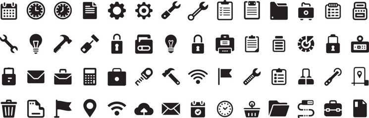 Collection of black and white icons calendar clock