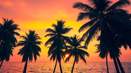 Obraz premium Beautiful tropical sunset over ocean with palm trees and warm light