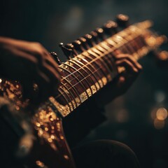 Close-up of hands playing a richly ornamented sitar, its strings vibrating; a dark, moody background emphasizes the instrument
