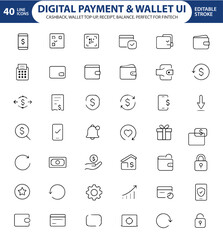 Fototapeta premium Digital Payment and Wallet UI Line Icons, Credit Card, QR Code, Mobile Wallet, Transaction, NFC, Security Shield, Transfer, and More , Editable Formats: AI, EPS, JPG, PNG , Ideal for Both Digital and 