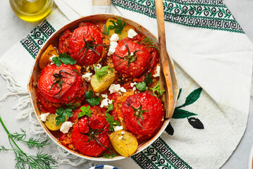 Greek Stuffed Tomatoes Yemista.top veiw.selective focus