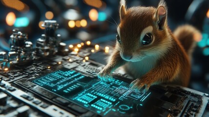 Chipmunk interacts with glowing circuit board panel
