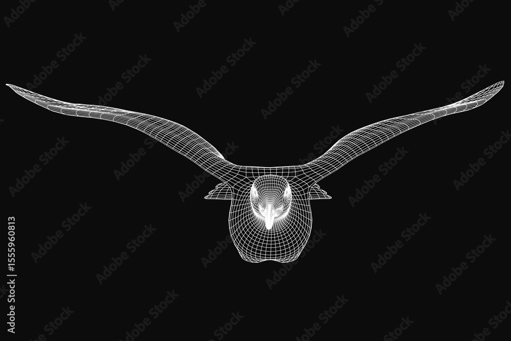 Poster a detailed 3d wireframe model of a birdl with large curved horns, isolated on a black background for